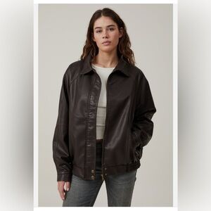 Cotton On Women's Faux Leather Bomber Jacket Oversized Brown